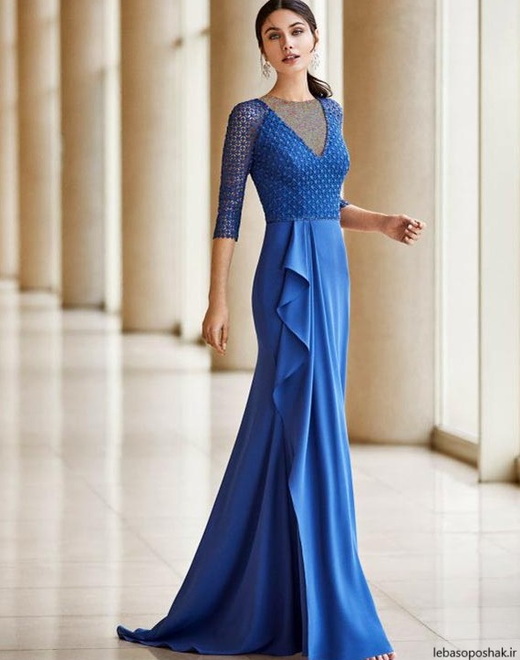 مدل لباس مجلسی آبی کاربنی بلند زنانه 2016
